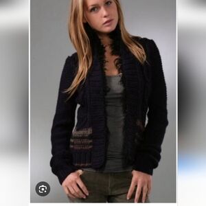 Free People North Star Blackfur Trimmwd Navy Cardi  Sweater Suze XS